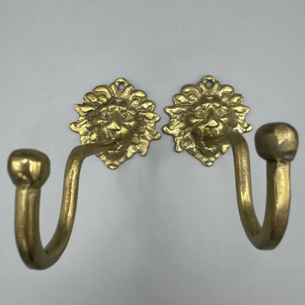 Vintage Brass Lion Head Curtain Holdbacks Tiebacks Wall Hooks Pair Mid Century